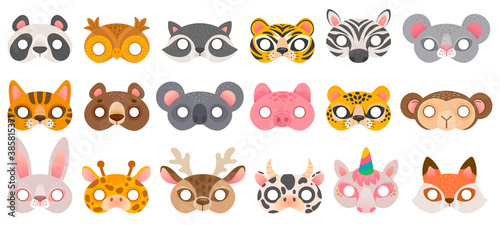 Animal mask. Photo booth props, panda bear and zebra, tiger and pig, koala and cow, unicorn and monkey, owl carnival zoo masks vector set. Illustration booth carnival, cartoon props costume
