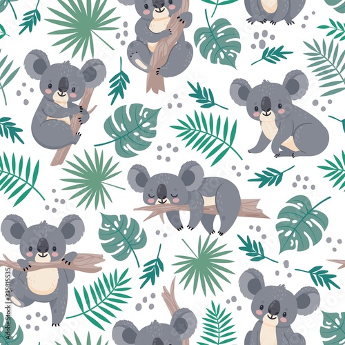 Seamless pattern with koalas. Cute australian bears and tropical leaves. Cartoon baby koala design. Vector nature background for kids. Illustration koala australia wallpaper, leaf and animal wrapping
