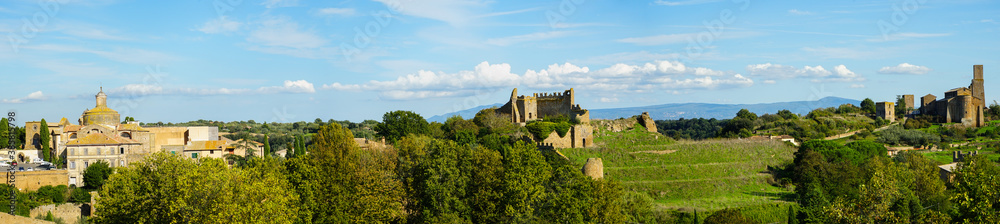 Tuscania panoramic view of Holy Martyrs and Saint Peter Churcs and ancient city wall, Viterbo, Lazio, Italy