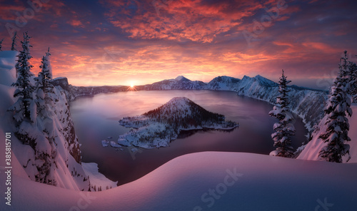 Scenic view of Crater Lake in winter during sunrise