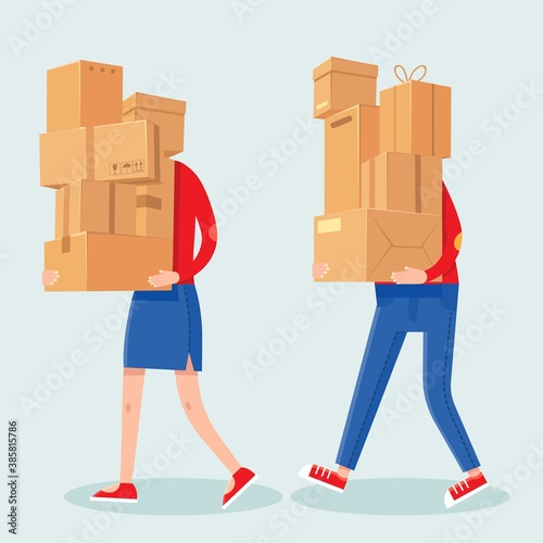People carrying boxes stack. Cartoon man and woman with heavy carton box pile. Family couple carry packages. House moving vector concept. Illustration delivery package, carrying cardboard box