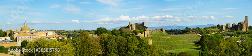 Tuscania panoramic view of Holy Martyrs and Saint Peter Churcs and ancient city wall, Viterbo, Lazio, Italy