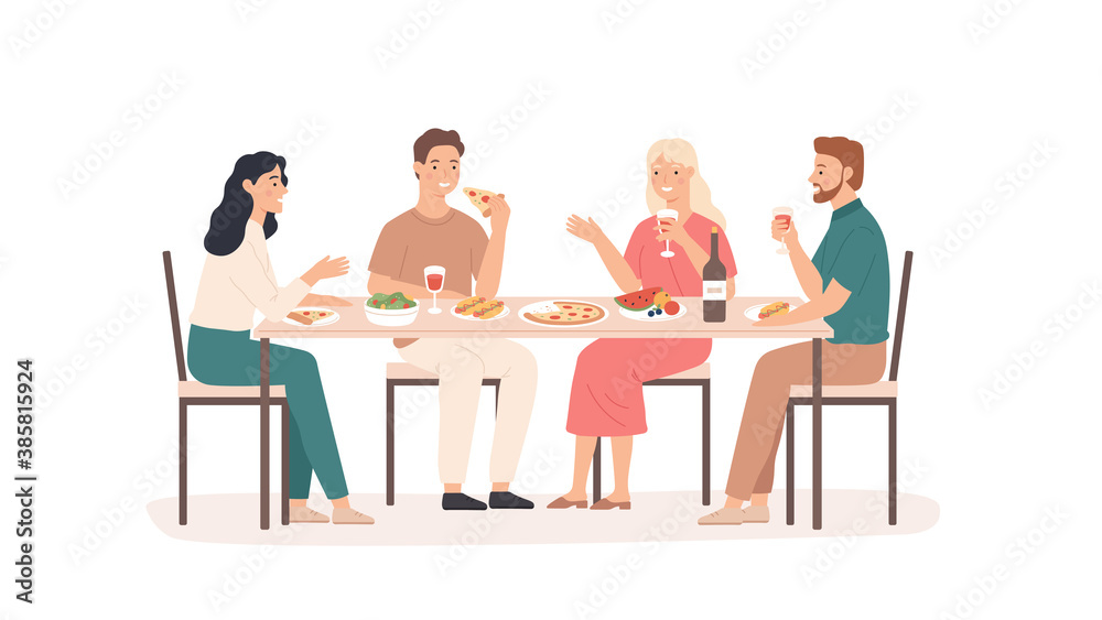 Friends eating. Fun and smiling people at table in restaurant, cafe or home drink beverage, eat tasty dishes friendly hangout vector concept. Illustration restaurant people talking meeting Friends eating. Fun and smiling people at table in restaurant, cafe or home drink beverage, eat tasty dishes friendly hangout vector concept. Illustration restaurant people talking meeting