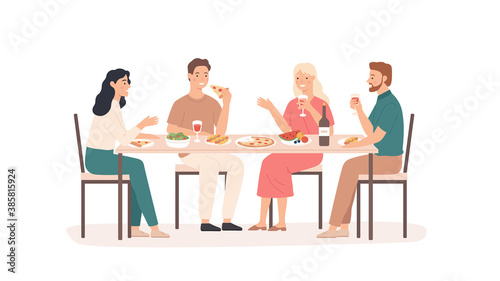Friends eating. Fun and smiling people at table in restaurant  cafe or home drink beverage  eat tasty dishes friendly hangout vector concept. Illustration restaurant people talking meeting