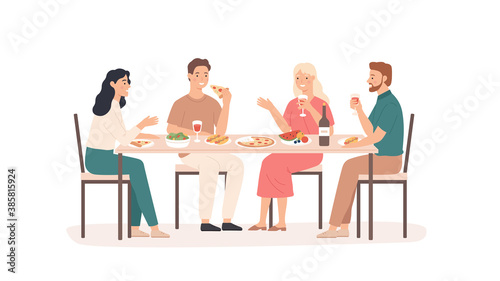 Friends eating. Fun and smiling people at table in restaurant, cafe or home drink beverage, eat tasty dishes friendly hangout vector concept. Illustration restaurant people talking meeting