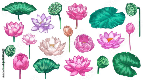 Pink lotus. Water lily flowers pink lotus and green leaves  beautiful bloom plant botanical garden  tropical floral element color vector set. Illustration lotus blossom flower  floral petal oriental