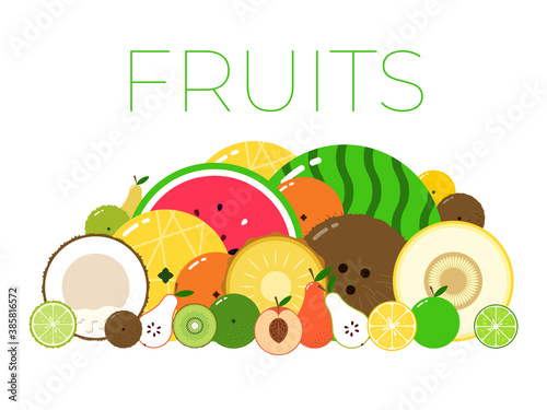 Vector of Group with different sorts of fruits with sliced halfs on white background