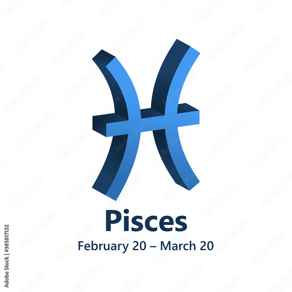 Obraz premium Vector blue Pisces 3d astrology zodiac sign. Volumetric design astronomy symbol.