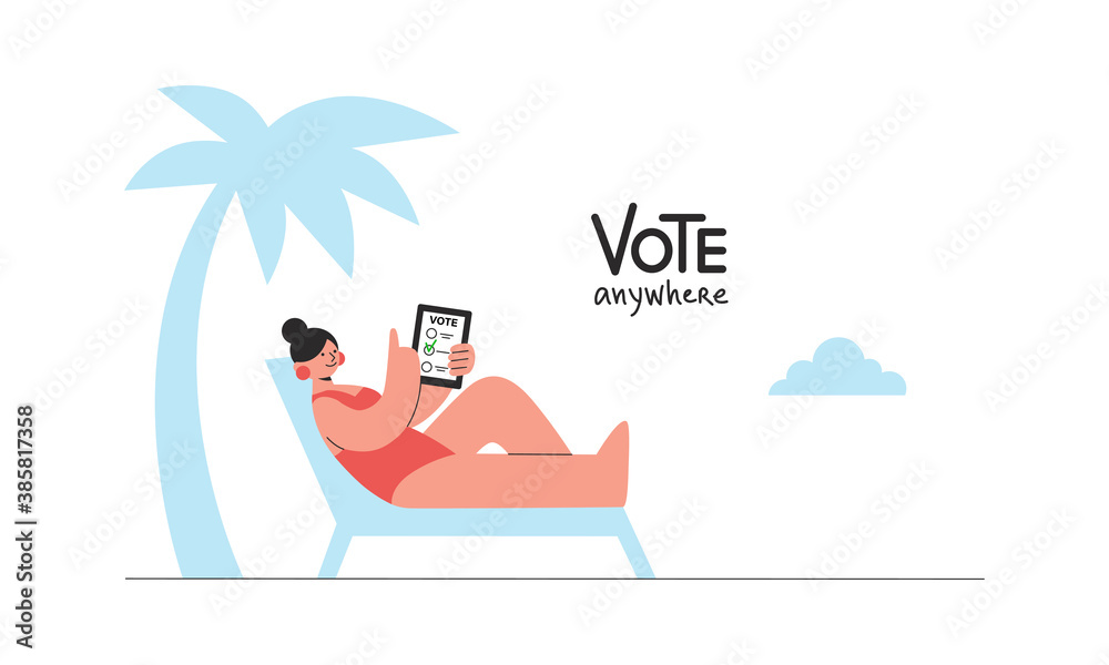 Fototapeta premium Woman in red swimsuit makes her choice on electronic app while relaxing under the palm tree. E-voting, online poll concept. Trendy vector illustration for advert, social media or web banner.