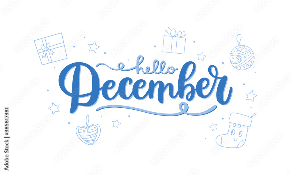 Hello December handwritten lettering phrase with outline christmas icons. Vector seasonal design for web banner, postcard or social media. Brush pen calligraphy isolated on white background.
