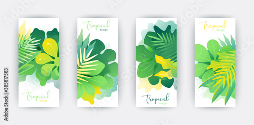Tropical themed creative covers set.  Colorful compositions of palm leaves and halftone patterns. Geometric design templates for posters, covers, social media stories. Flat style vector illustration
