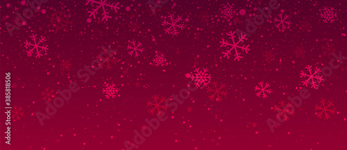 Snow. Red christmas banner with snowflakes. Realistic snow overlay background. Snowfall, snowflakes in different shapes and forms. Snowfall isolated. Vector