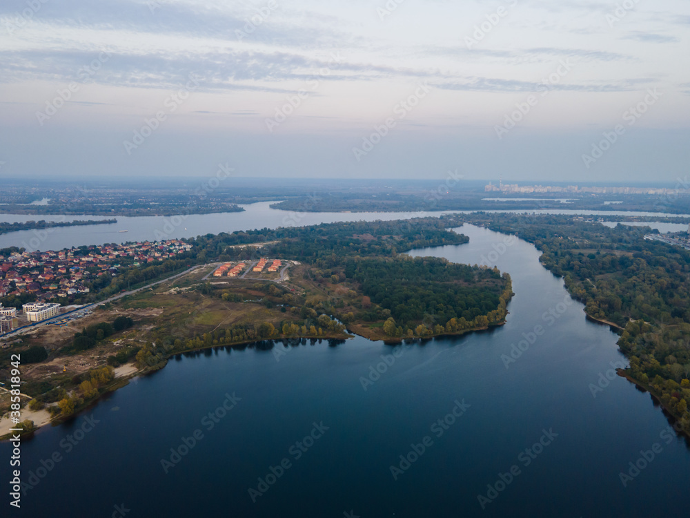 Aerial view of the fresh dnieper river in kiev city