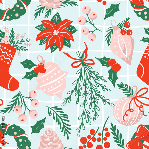 Seamless pattern with traditional christmas hand-drawn elements ib red, green and white colors. Christmas ornament, pine cone, branches and berries, sock, wreath