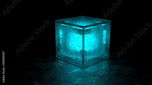 glass neon cube with blue glow