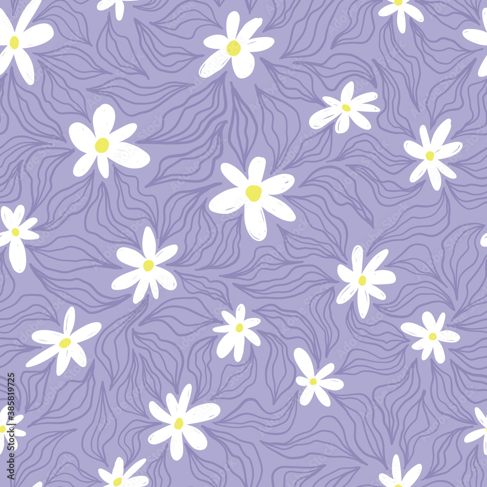 Hand-drawn seamless pattern with chamomiles on pastel purple background Hand-drawn seamless pattern with chamomiles on pastel purple background