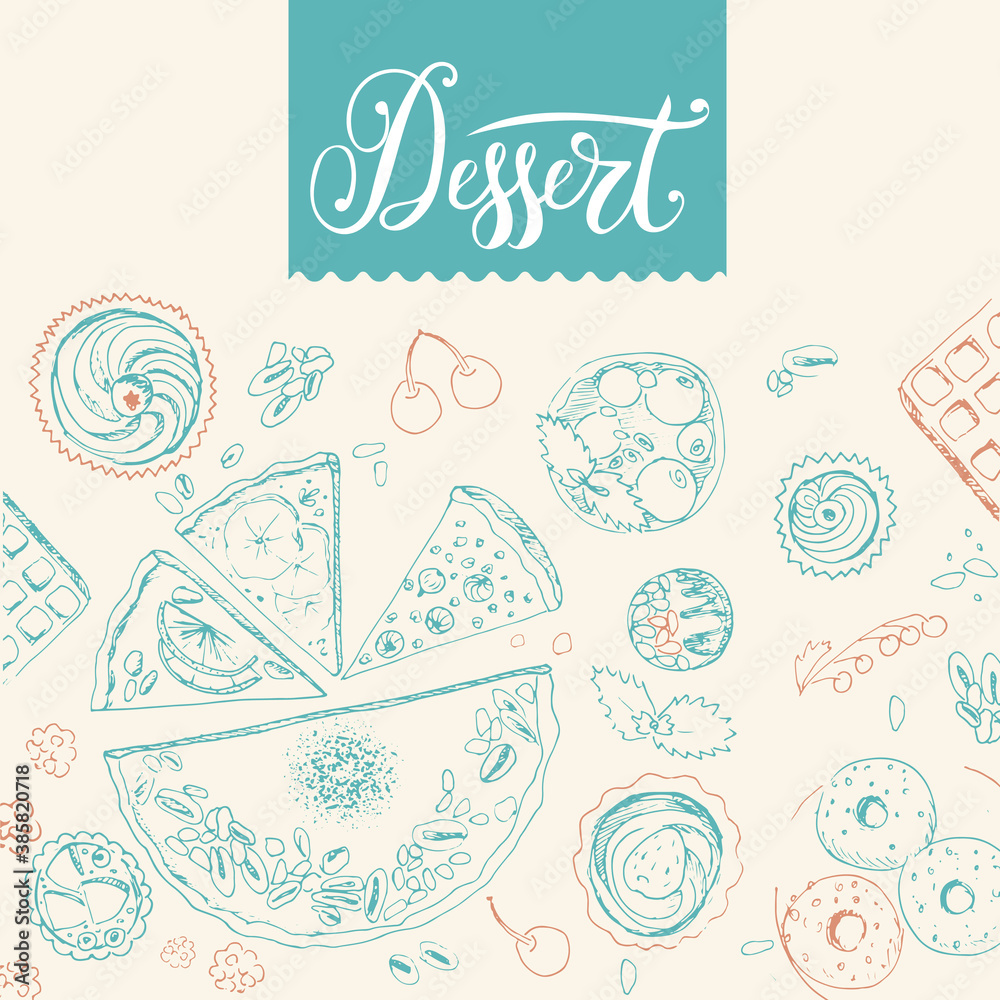 Vector design of dessert menu with hand-drawn pie, cake pieces, cupcakes, donuts, almond cakes, waffles, in sketch style. Trendy cafe design Vector design of dessert menu with hand-drawn pie, cake pieces, cupcakes, donuts, almond cakes, waffles, in sketch style. Trendy cafe design