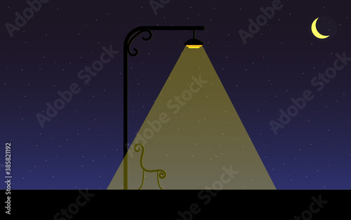 vector illustration romantic night landscape black silhouette of a lantern from which a yellow cozy light streams, bench and gradient sky with moon and stars