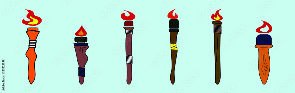 Burning beach bamboo torch cartoon icon design template with various models. vector illustration isolated on blue background Burning beach bamboo torch cartoon icon design template with various models. vector illustration isolated on blue background