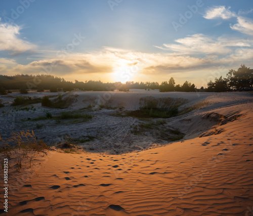 wide sandy prairie with grass at the sunset, natural outdoor background