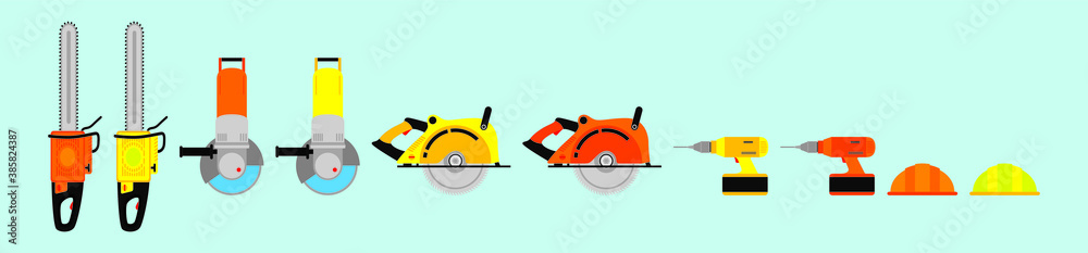 set of power tools cartoon icon design template with various models. vector illustration isolated on blue background set of power tools cartoon icon design template with various models. vector illustration isolated on blue background