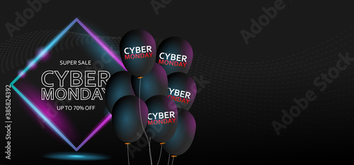 Cyber monday sale with balloons and abstract neon light background