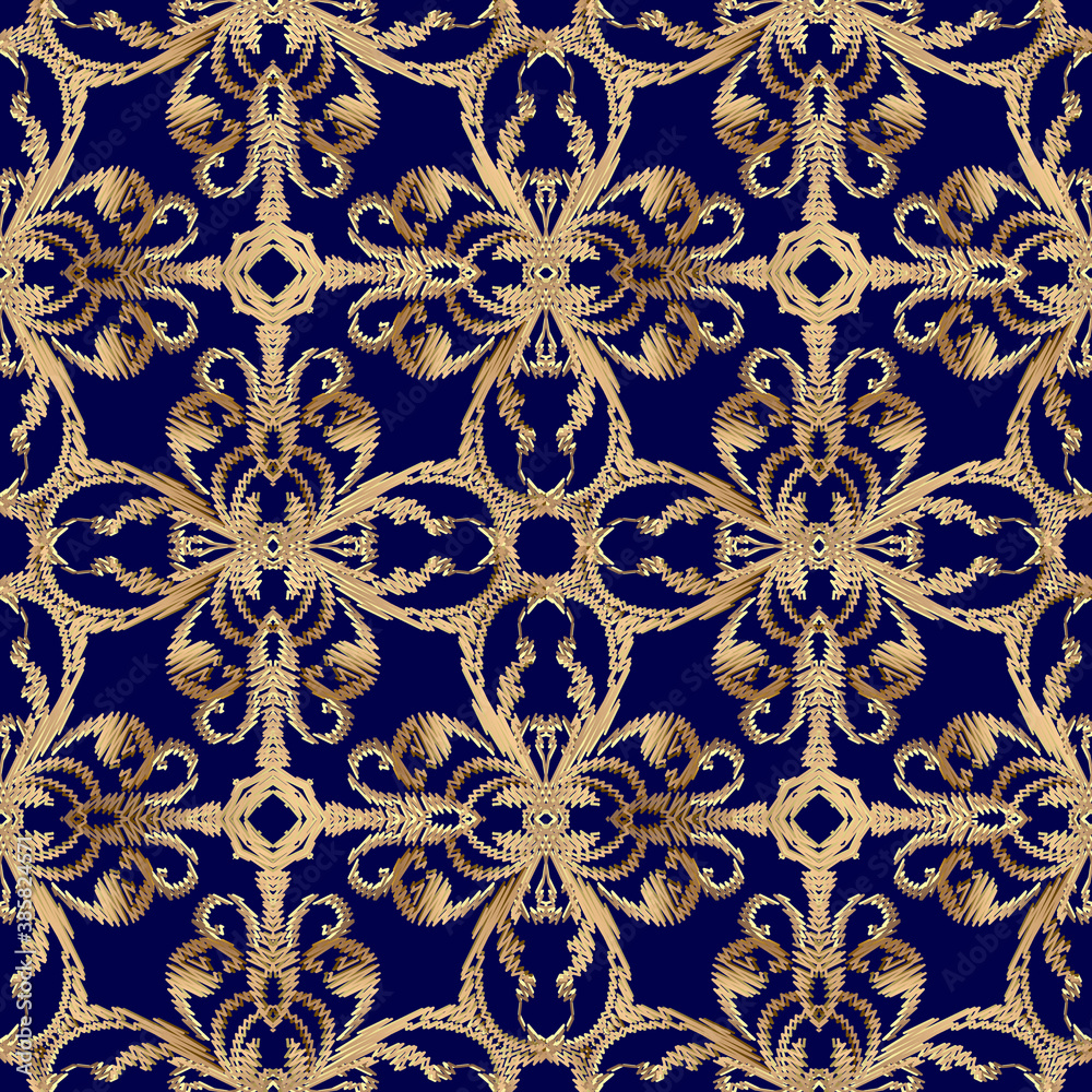 Tapestry floral seamless pattern. Blue ornamental textured background. Repeat vector backdrop. Gold embroidered Baroque Damask style ornament. Vintage embroidery gold flowers, leaves. Grunge texture