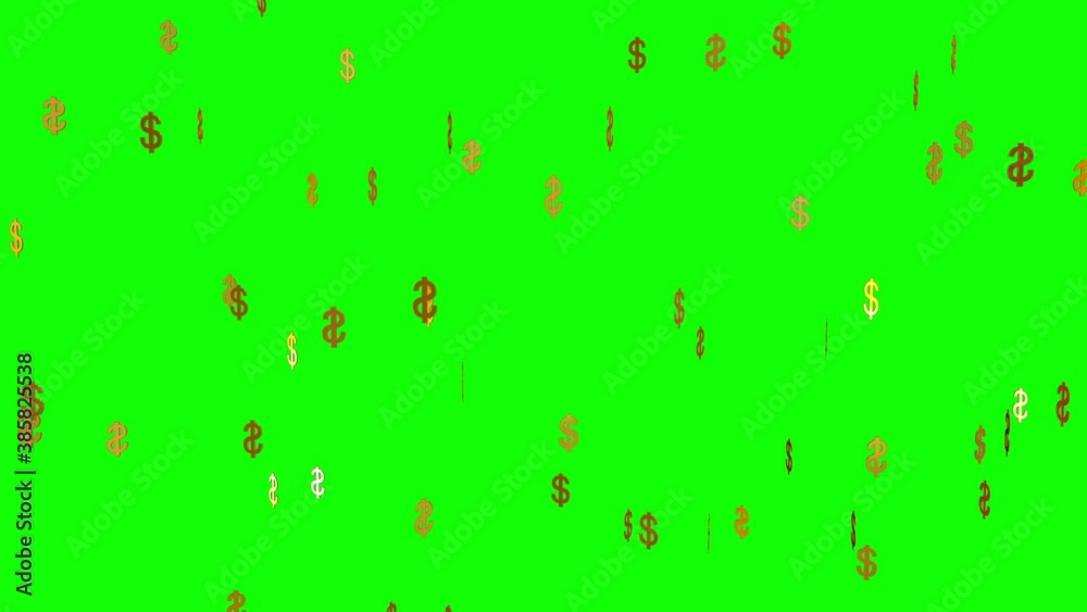 Golden dollar signs isolated on green, loop animation.