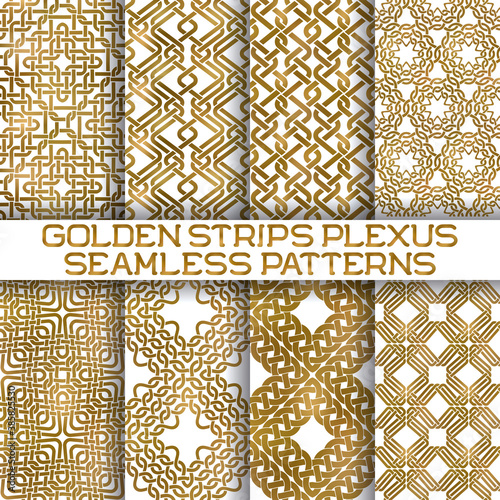 Set of gold plexus stripes seamless patterns tiles. Golden aquarelle repeatable backgrounds of intertwined bands.