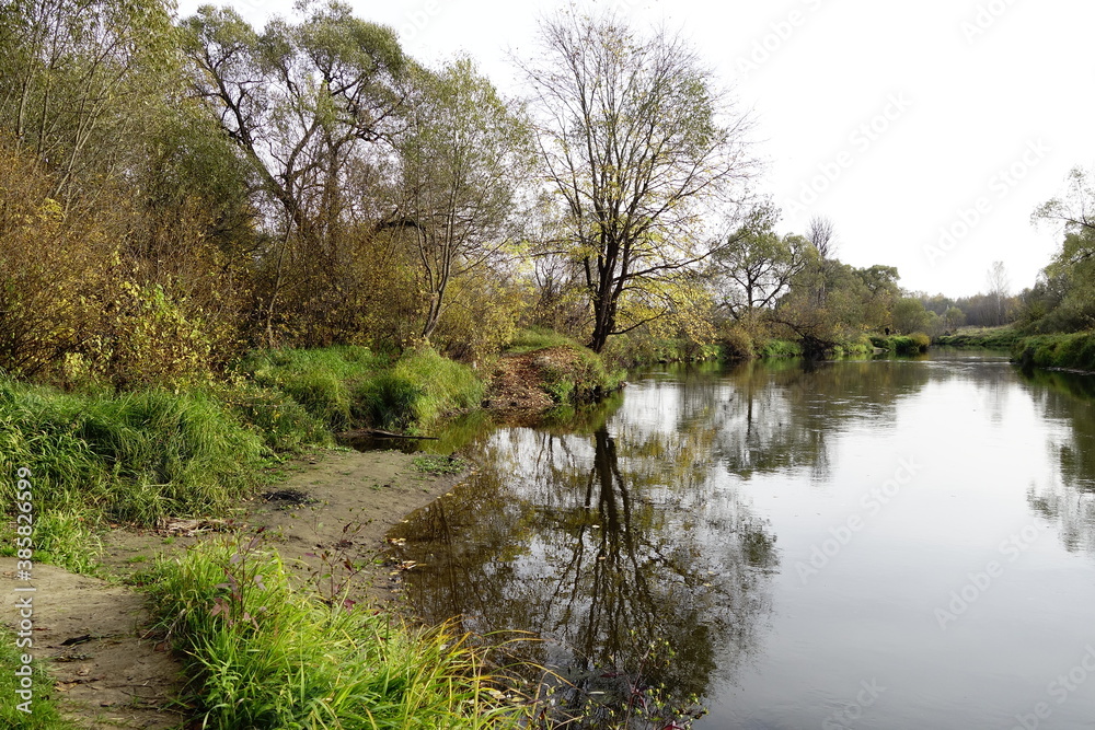 River landscape in autumn on an overcast day River landscape in autumn on an overcast day