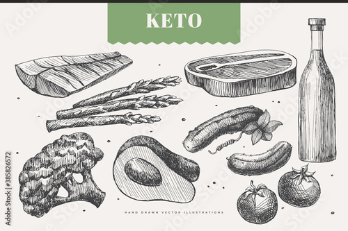 Set of hand-drawn foods for the keto diet. Fish, asparagus, avocado, meat, vegetables. Healthy food concept. It can be used as a decoration element for markets, menus, packaging. Vector illustration.