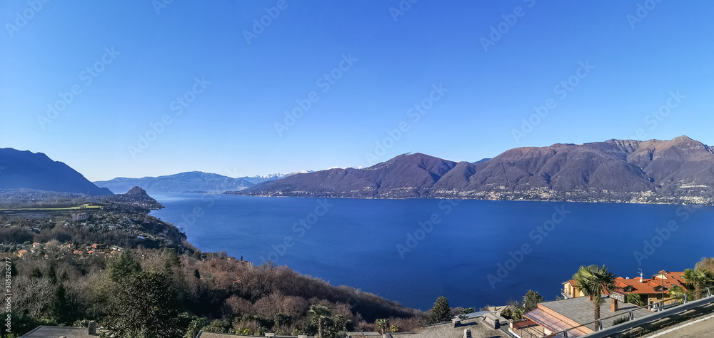 Aerial ultra wide panorama of the Lake Maggiore from the belvedere of Brezzo di Bedero