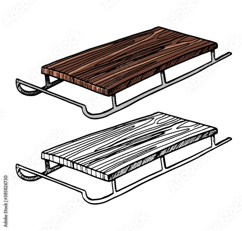 Doodles of old sleigh. Hand drawn vector illustration. Realistic vintage sketches. Set of black contour and color elements isolated on white. For winter design, decor, prints, cards, stickers, poster.