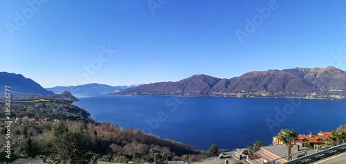 Aerial ultra wide panorama of the Lake Maggiore from the belvedere of Brezzo di Bedero