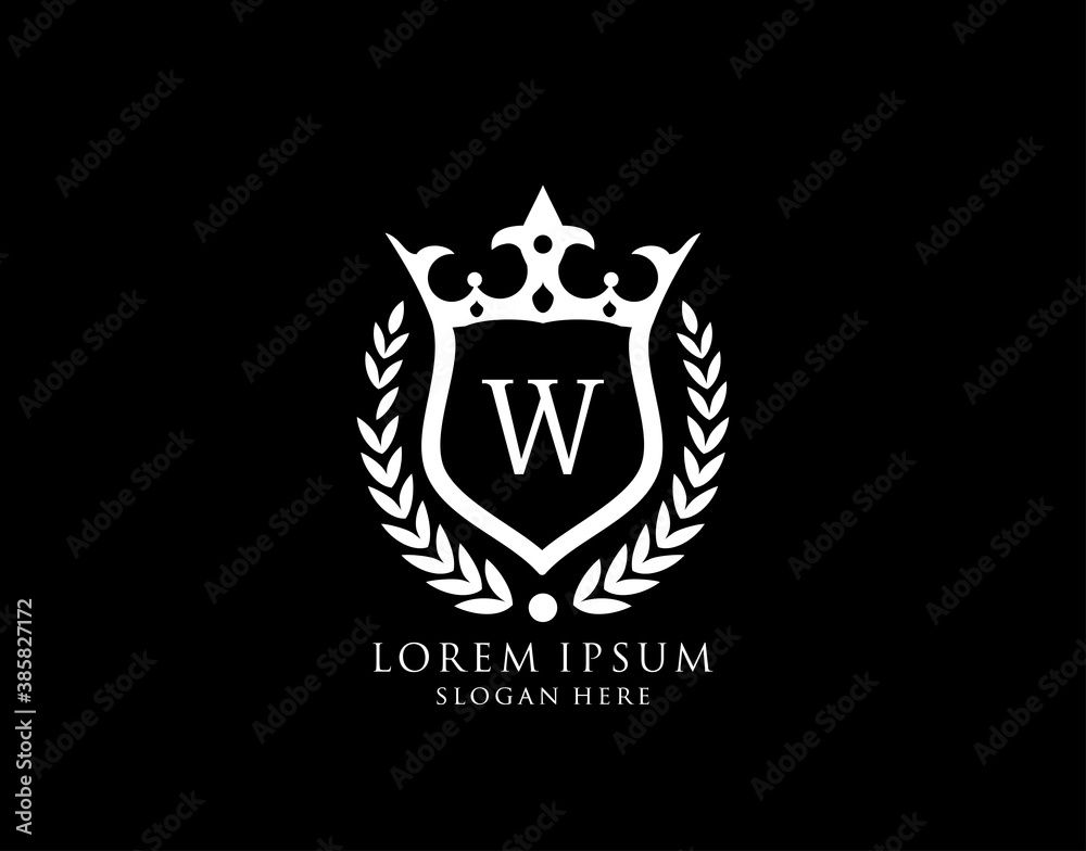 Fototapeta premium Luxury Monogram W Letter Logo. Vintage King Crown badge design for Royalty, Letter Stamp, Boutique, Hotel, Heraldic, Jewelry, Wedding.