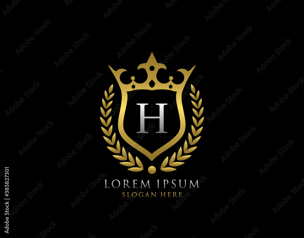 Luxury Monogram H Letter Logo. Classic Gold King Crown badge design for Royalty, Letter Stamp, Boutique, Hotel, Heraldic, Jewelry, Wedding. Luxury Monogram H Letter Logo. Classic Gold King Crown badge design for Royalty, Letter Stamp, Boutique, Hotel, Heraldic, Jewelry, Wedding.