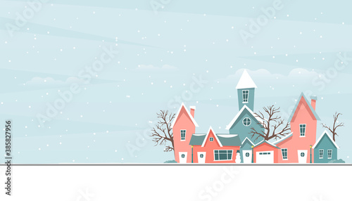 Happy new year and merry Christmas winter old town street. Christmas city. Snowy street. Urban winter landscape. Vector illustration.