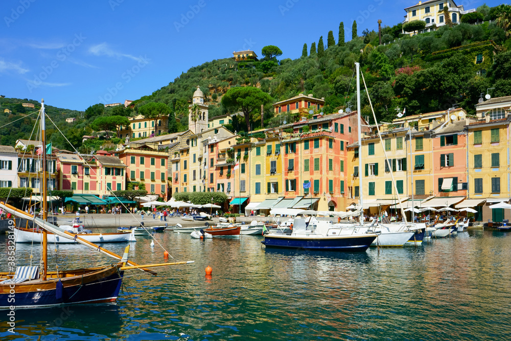 Beautiful Portofino, best touristic Mediterranean place with typical colorful buildings and famous luxury harbor, Portofino, Liguria, Cinque Terre, Italy, Europe