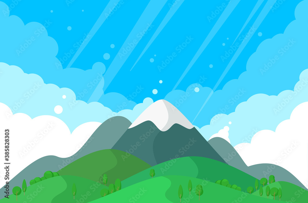 Mountain peak. Natural landscape with mountains, hills and clouds in flat style.