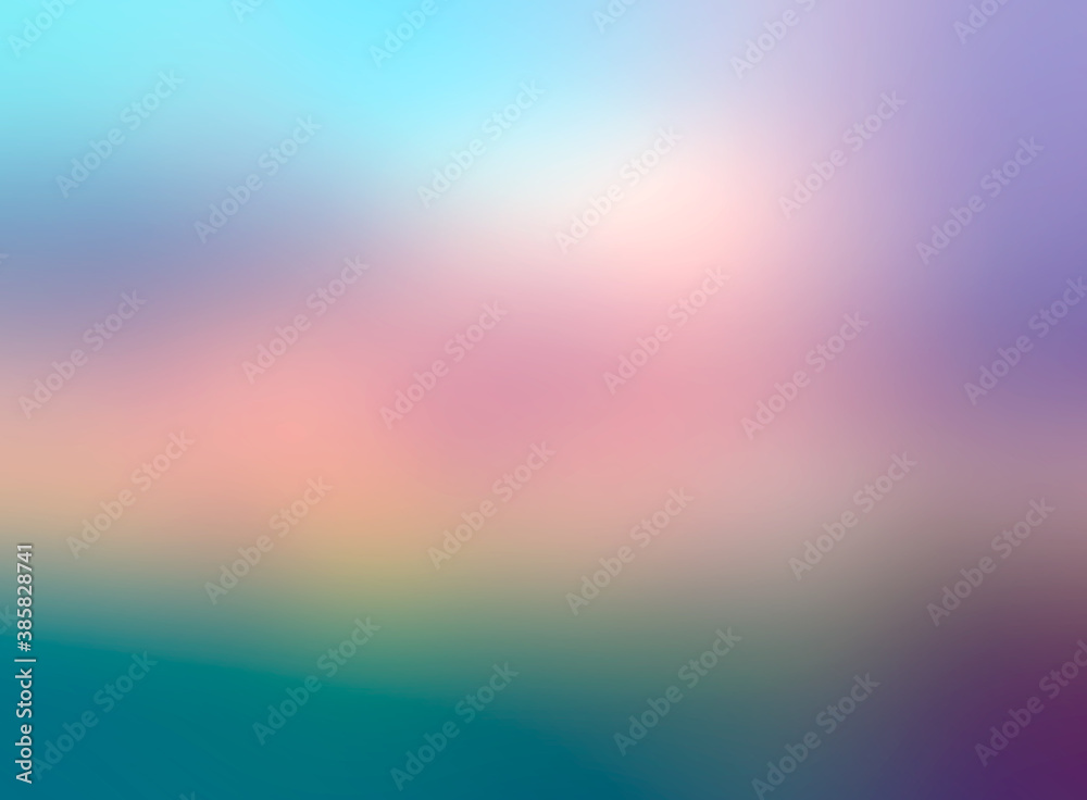 Blurred pinkish beige and puple clouds in azure sky over smooth turquoise green water background.
