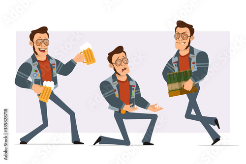 Cartoon flat strong disco man in sunglasses and jeans jacket. Ready for animation. Boy standing on knee and carrying beer bottles and mug. Isolated on violet background. Vector icon set.