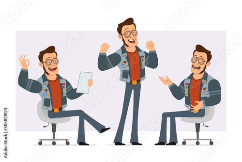 Cartoon flat strong disco man in sunglasses and jeans jacket. Ready for animation. Boy reading note, showing muscles and okay gesture. Isolated on violet background. Vector icon set.