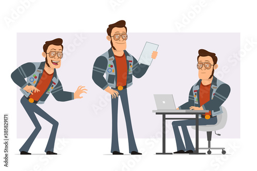 Cartoon flat strong disco man in sunglasses and jeans jacket. Ready for animation. Boy sneaking, reading note and working on laptop. Isolated on violet background. Vector icon set.