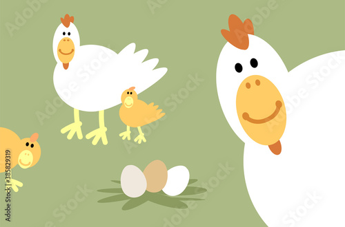 Chickens smiley face cartoon illustration. This simple happy smiling chickens farm cartoon is made of circles, ellipses, and egg shapes. Full vector artwork
