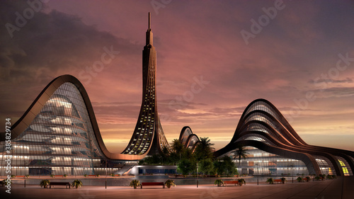 Night time futuristic city architecture