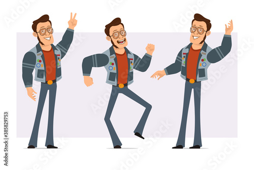 Cartoon flat strong disco man in sunglasses and jeans jacket. Ready for animation. Boy jumping, dancing, showing peace and hello sign. Isolated on violet background. Vector icon set.