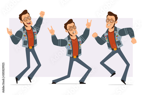 Cartoon flat strong disco man in sunglasses and jeans jacket. Ready for animation. Boy jumping, dancing and showing rock and roll sign. Isolated on violet background. Vector icon set.