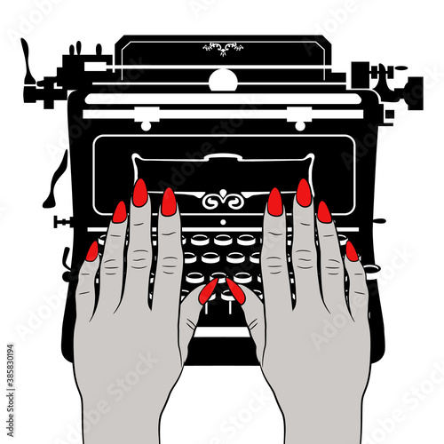 Two female hands with long red nails typing on vintage mechanical typewriter. Creative feminist concept.