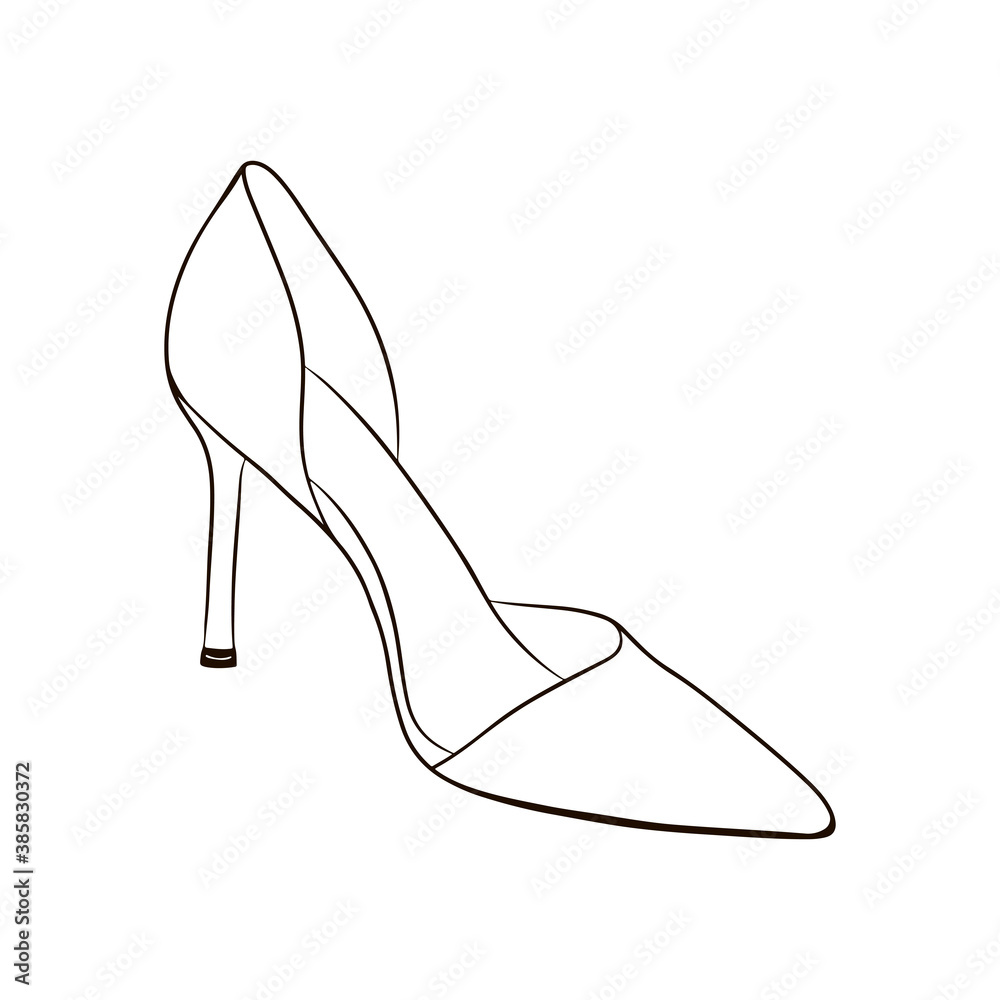 High-heeled shoes. Hand drawn vector illustration, isolated on a white background. High-heeled shoes. Hand drawn vector illustration, isolated on a white background.