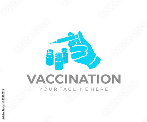 Vaccination, hand with syringe and vaccine, logo design. Medicine, medical and healthcare, vector design and illustration